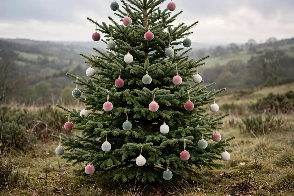 Christmas tree with velvet ornaments in dusty rose, sage, and cream spaced among branches.