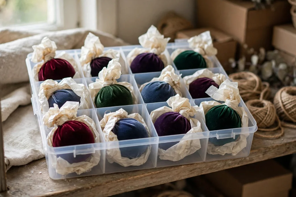 Velvet ornaments wrapped loosely in tissue paper in a divided storage box.