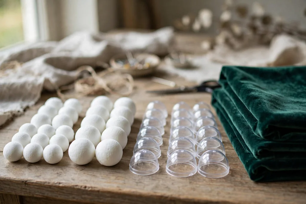 Foam and plastic bauble bases in small and medium sizes beside velvet fabric.