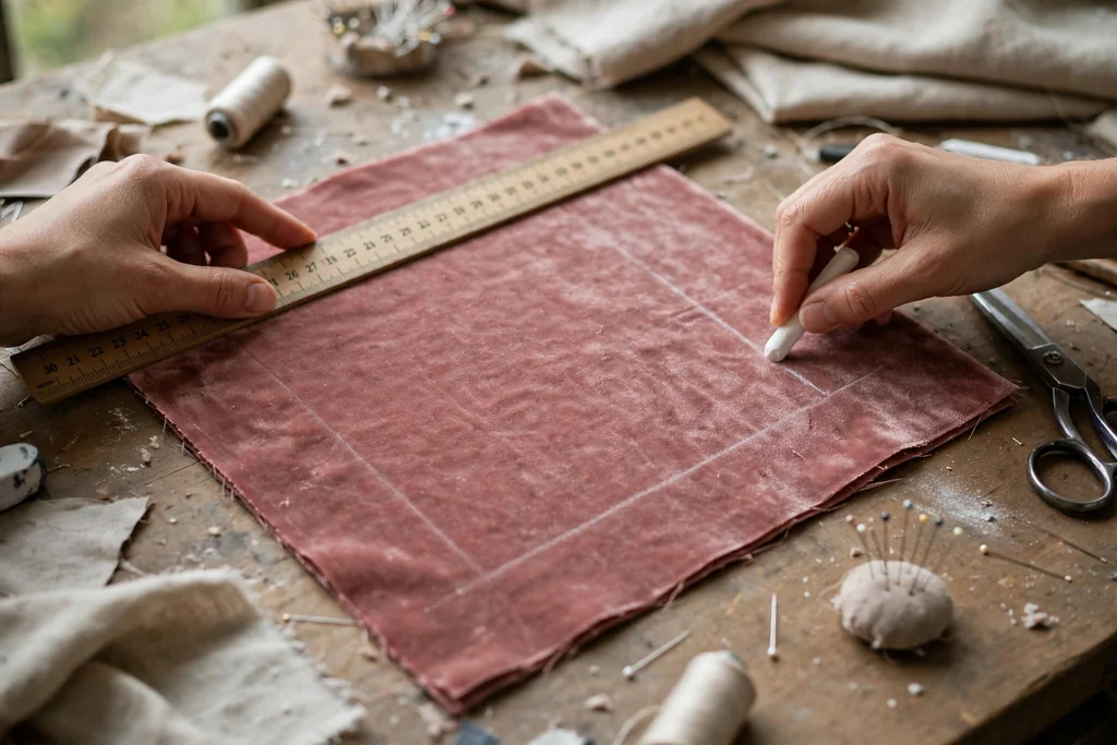 Hands measuring and marking dusty rose velvet fabric with chalk and a ruler.