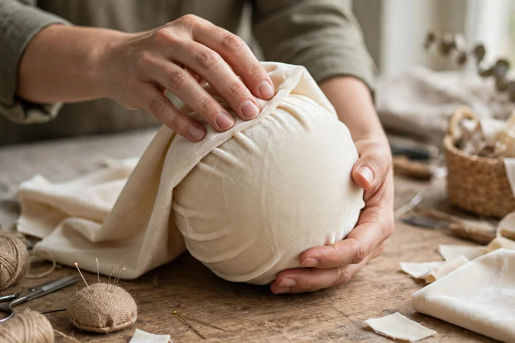 Hands wrapping a foam bauble in cream velvet and smoothing the fabric.
