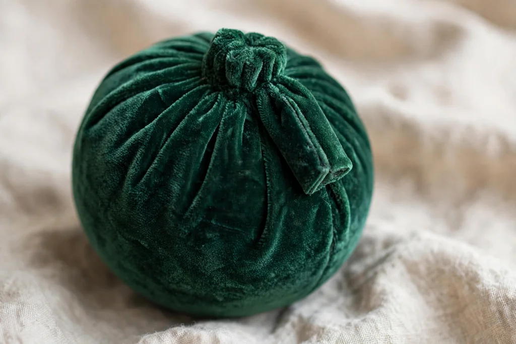 Velvet covered bauble with a neat gathered top and folded seam at the back.