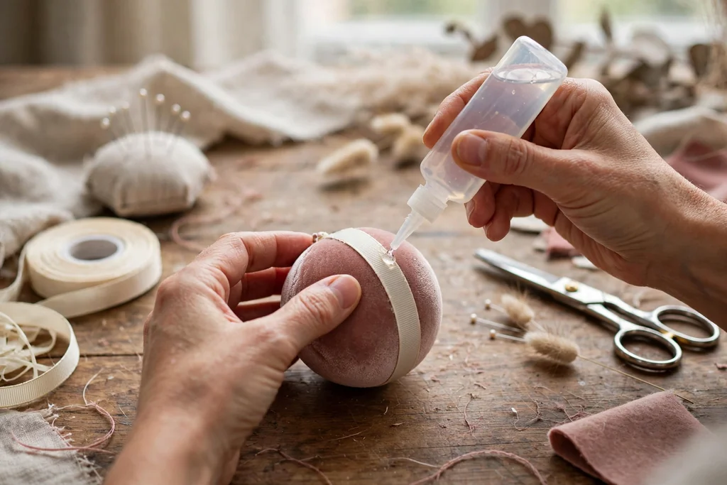 Hands gluing a narrow cream ribbon band around a dusty rose velvet ornament.