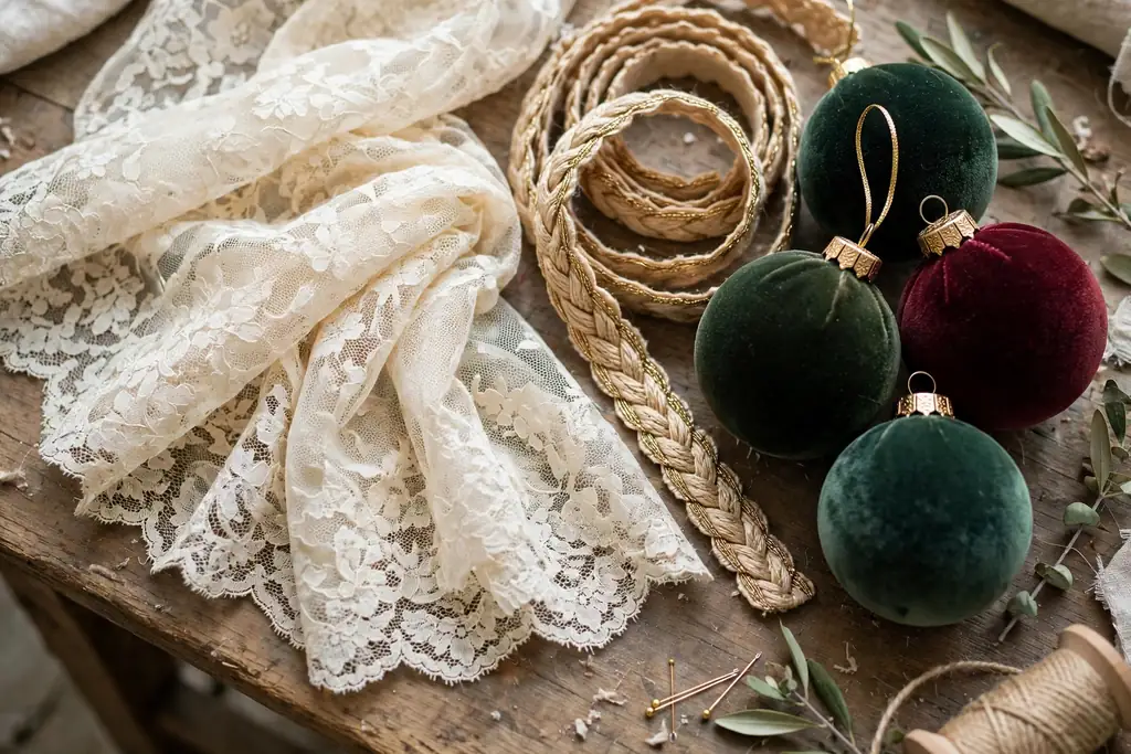 Cream lace and soft gold braid trim beside velvet ornaments on a work table.