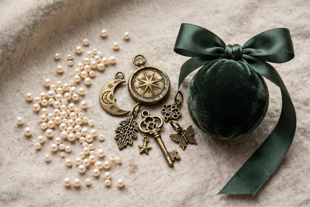 Small pearl beads and aged brass charms beside a velvet ornament with a ribbon bow.