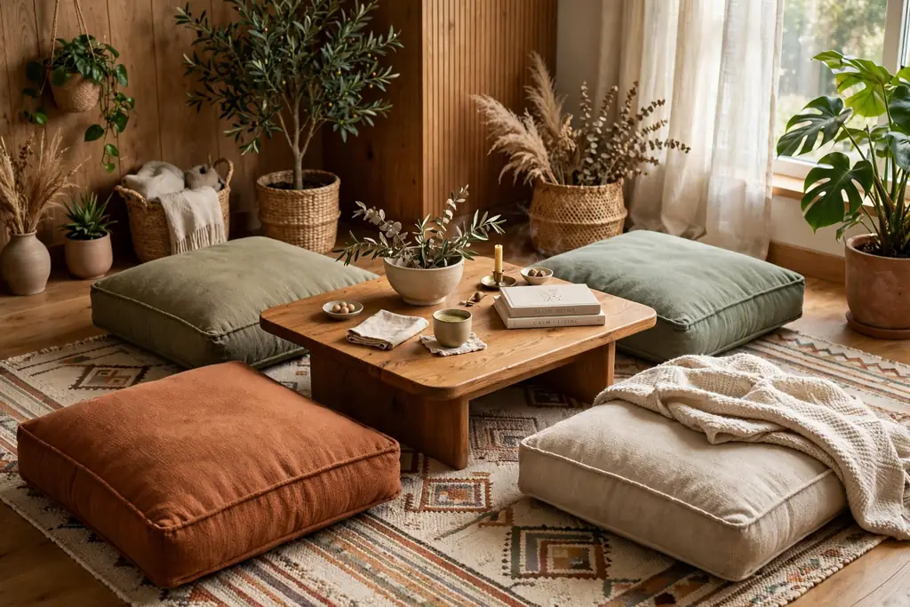 Living room corner with floor cushions around a low wooden table on a flatweave rug.