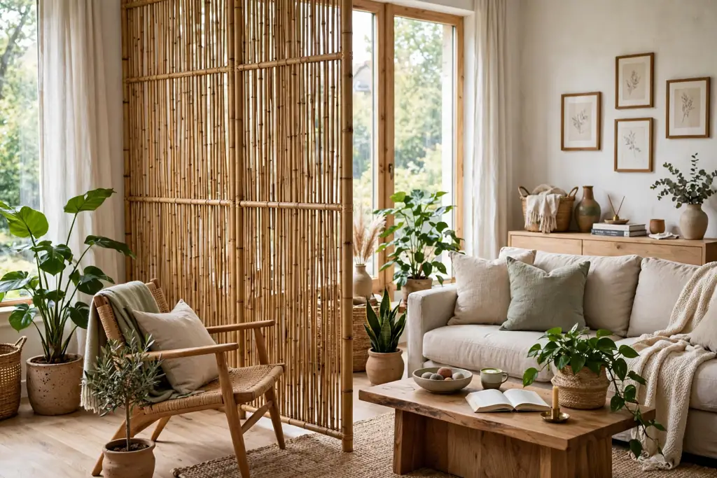 Natural bamboo screen dividing a seating corner in a bright living room.