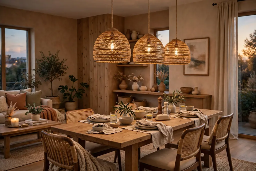 Rattan pendant lights hanging over a wooden dining table.
