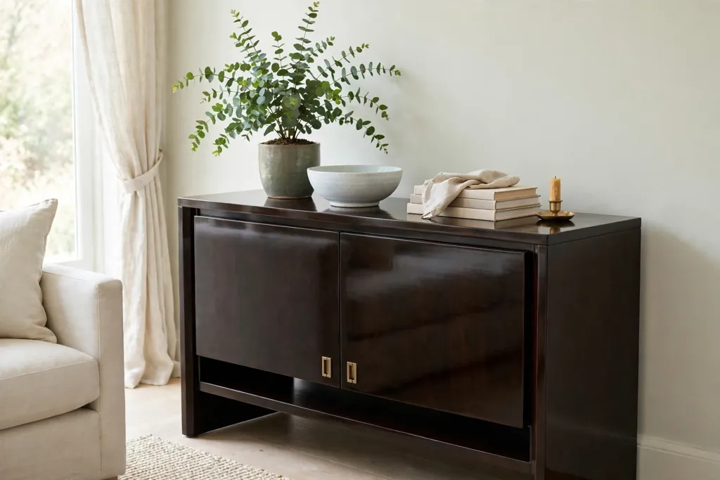 Lacquered wood sideboard with a plant and a ceramic bowl in a living room.