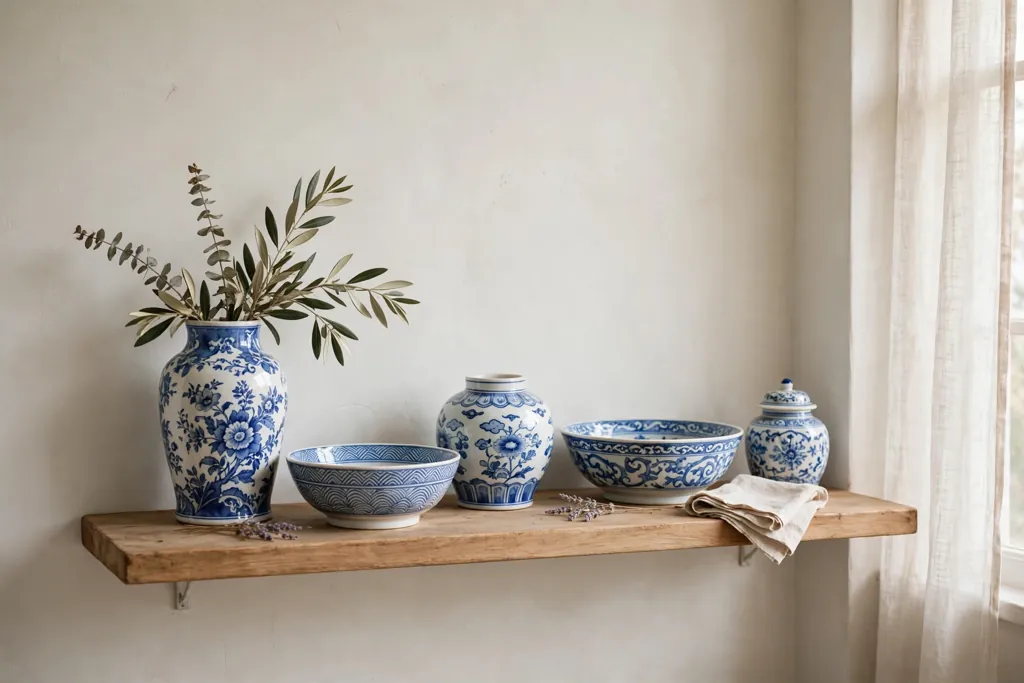 Group of blue and white ceramic vases and bowls on a wooden shelf.