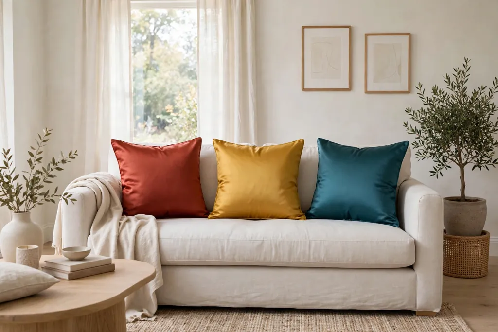 Sofa with silk cushion covers in warm red, mustard, and teal tones.