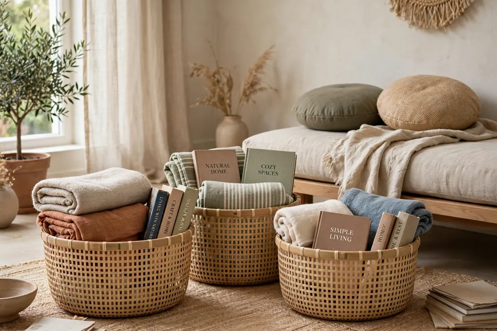 Woven bamboo baskets holding throws and books beside low seating.
