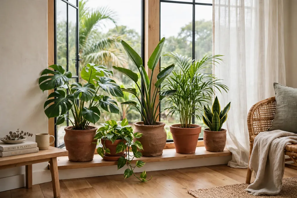Tropical plants in clay pots by a bright living room window.