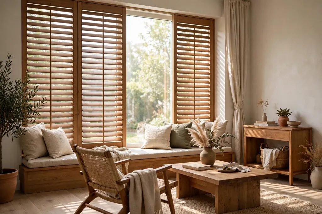 Wooden louvered panels at a bright window in a living room.