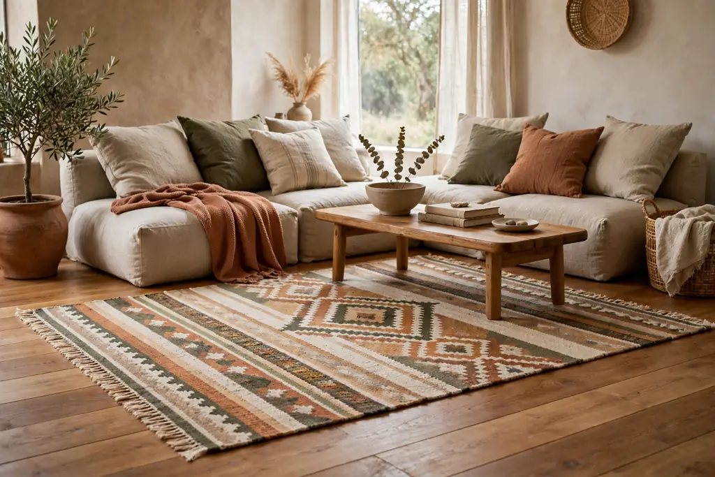 Handwoven flatweave rug under a low seating group on a wood floor.