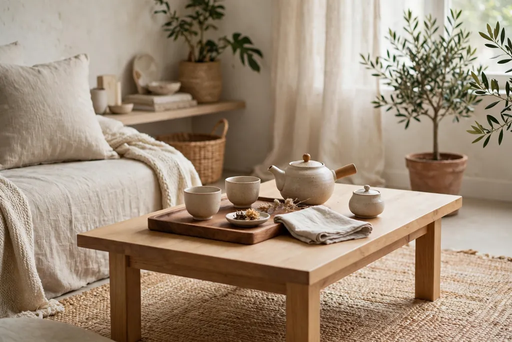 Low table tea corner with a small teapot, cups, and a tray.