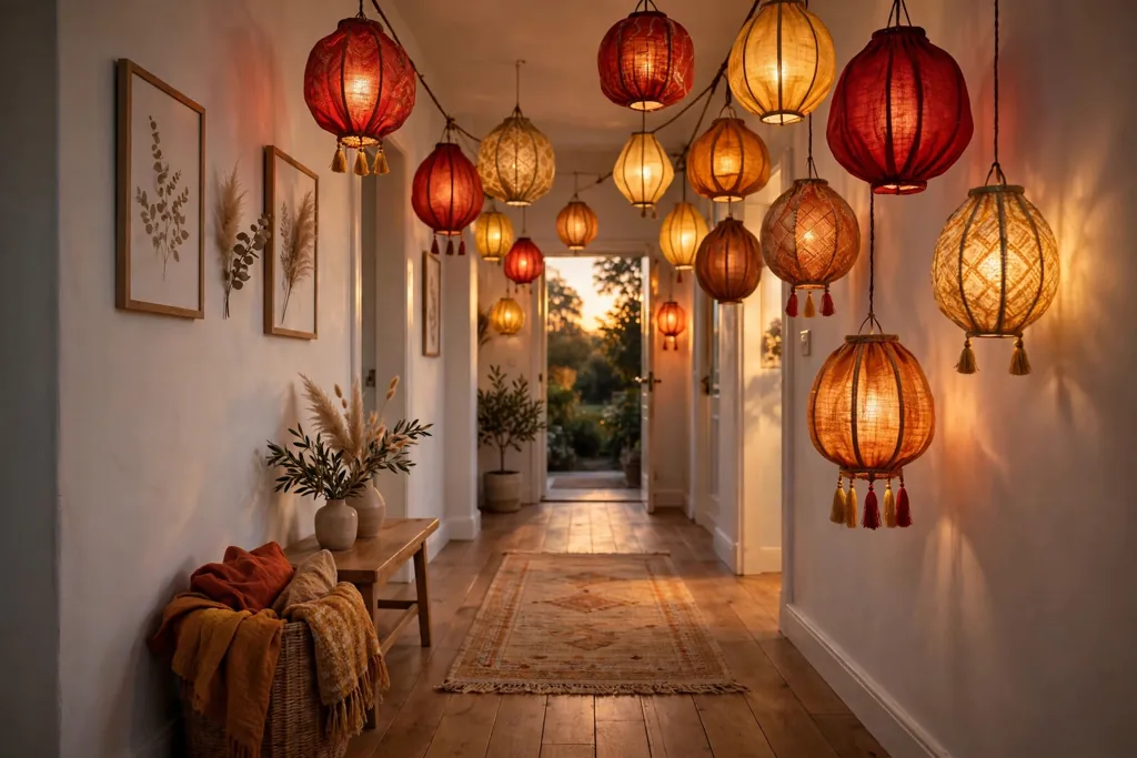 Hallway lit by colorful fabric lanterns in warm red and gold tones.