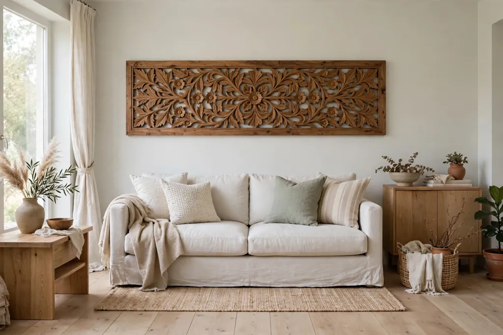 Carved wooden wall panel above a sofa in a pale living room.