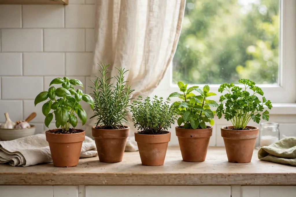 Herb plants in small terracotta pots on a kitchen windowsill.