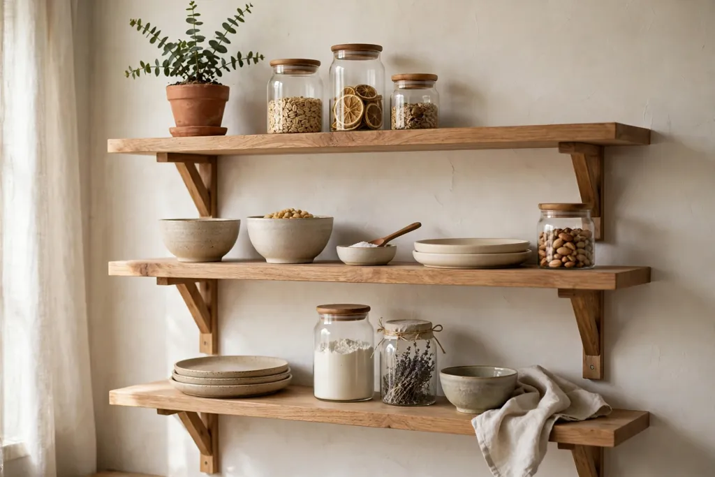Open wooden kitchen shelves styled with ceramic bowls, jars, and a plant.