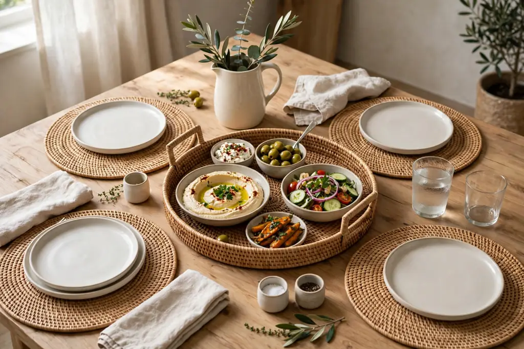 Dining table set with woven placemats and a woven tray of shared dishes.