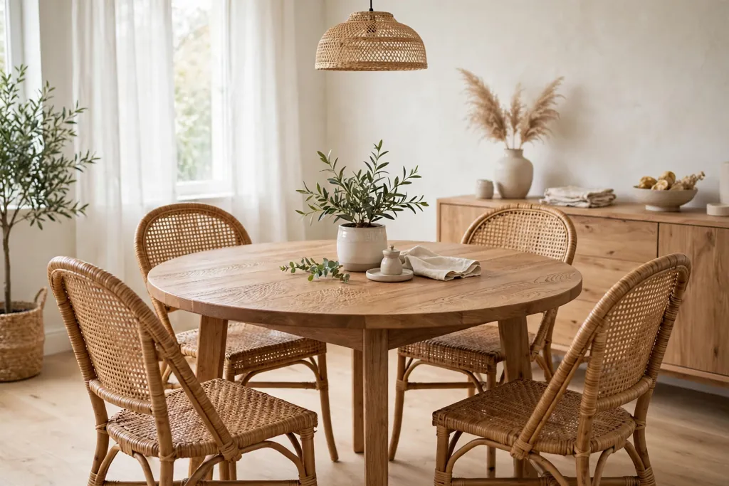 Round wooden dining table with rattan dining chairs.