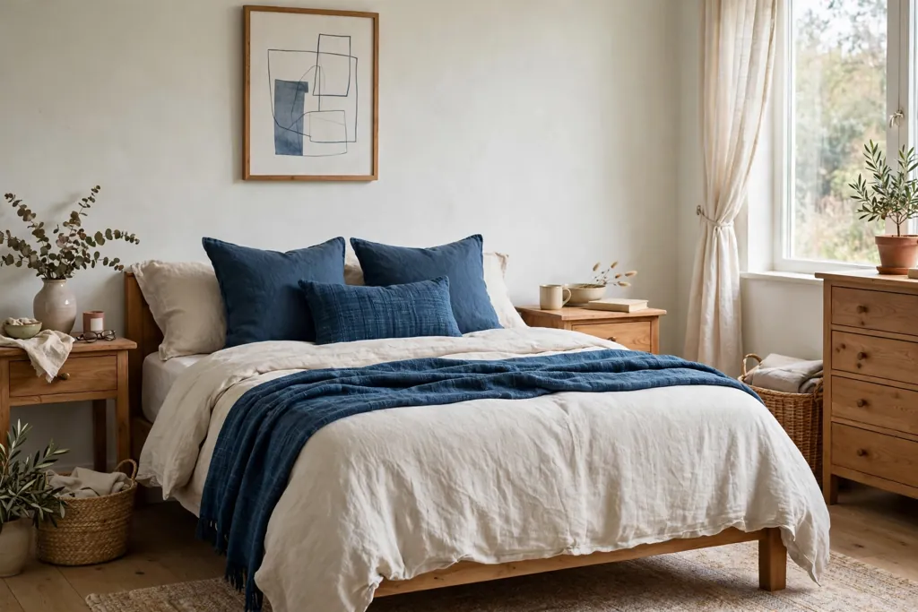 Bedroom bed in light linen bedding with an indigo throw and cushions.