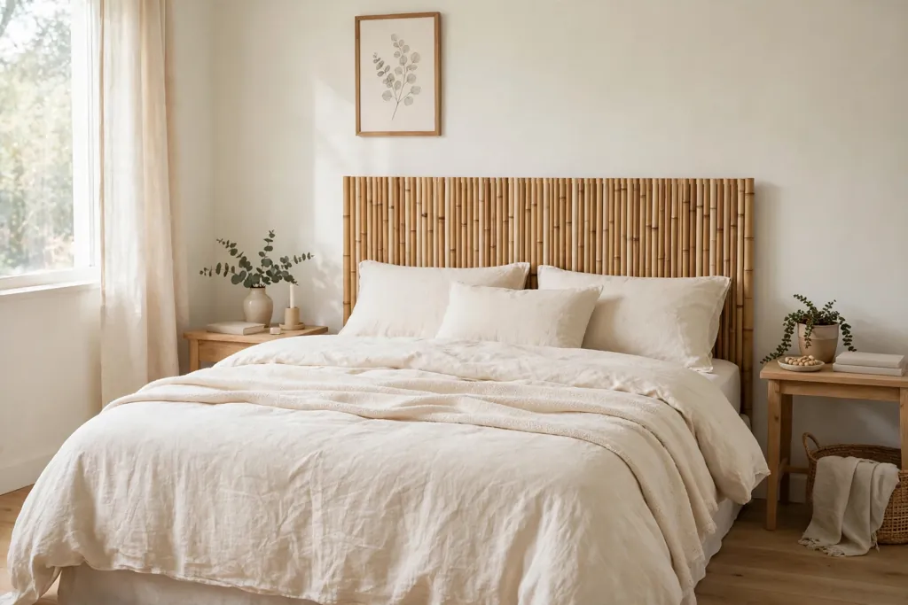 Bedroom with a bamboo slat headboard behind a plain bed.