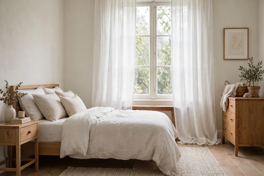Bedroom window with sheer cotton curtains falling to the floor.