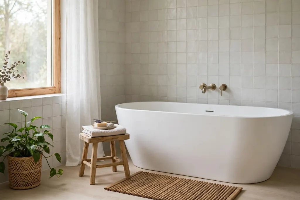 Bathroom with a bamboo bath mat and a small wooden stool beside the bath.