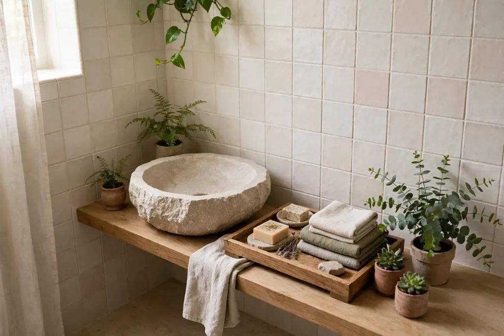 Bathroom corner with a stone basin, a wooden tray, and green plants.