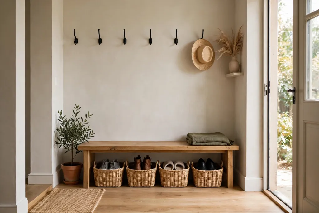Entry bench with woven baskets for shoes and hooks above it.