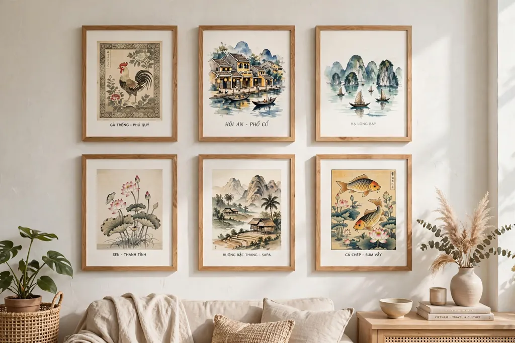 Gallery wall of Vietnamese art prints in matching wood frames.