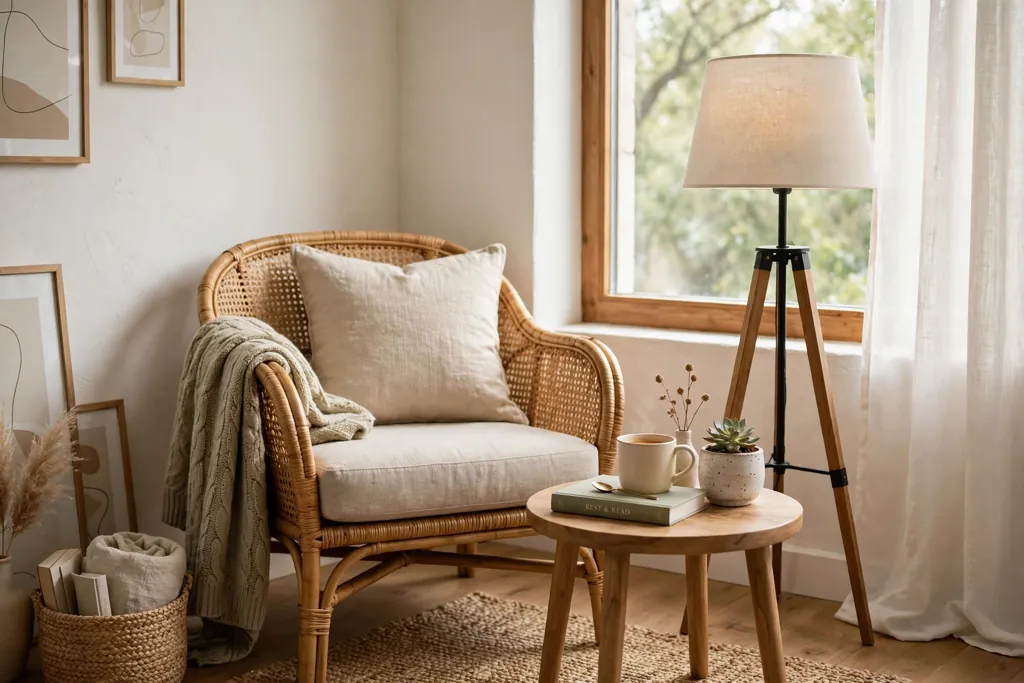 Reading corner with a rattan armchair, a side table, and a floor lamp.