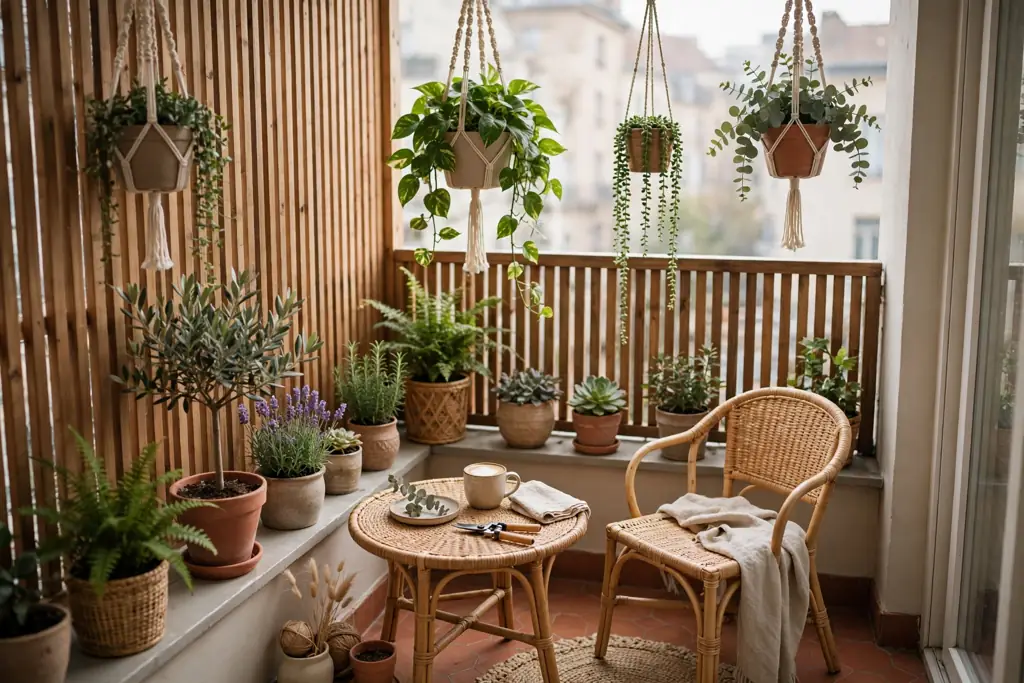 Small balcony garden with hanging planters and potted plants.