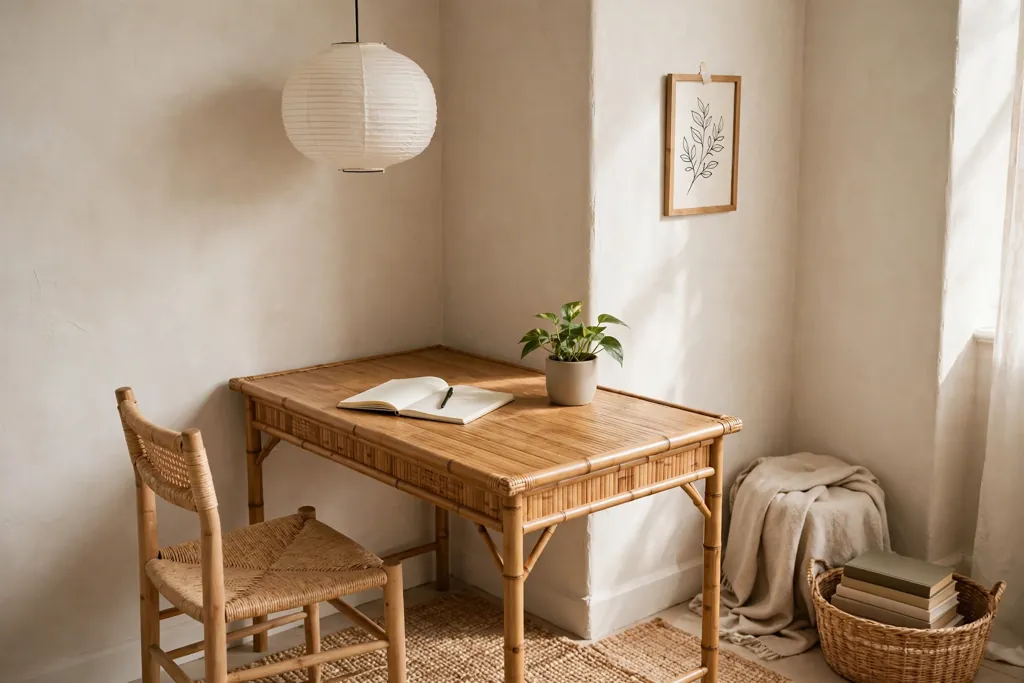 Home office with a bamboo desk, a simple chair, and a paper lamp.