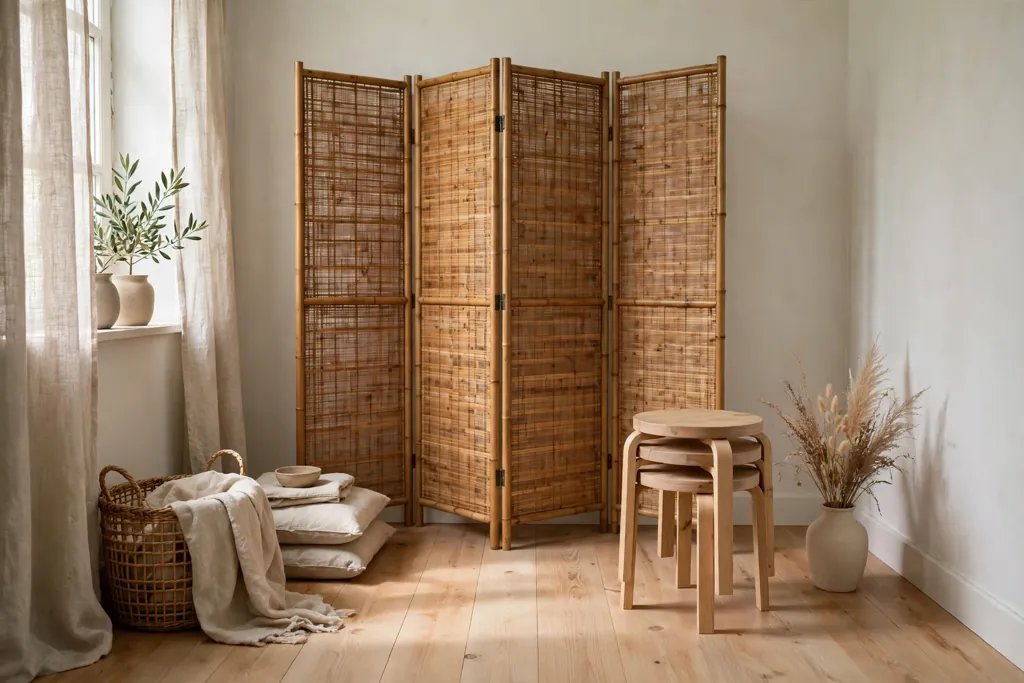 Small room with a folding bamboo screen and stackable wooden stools.