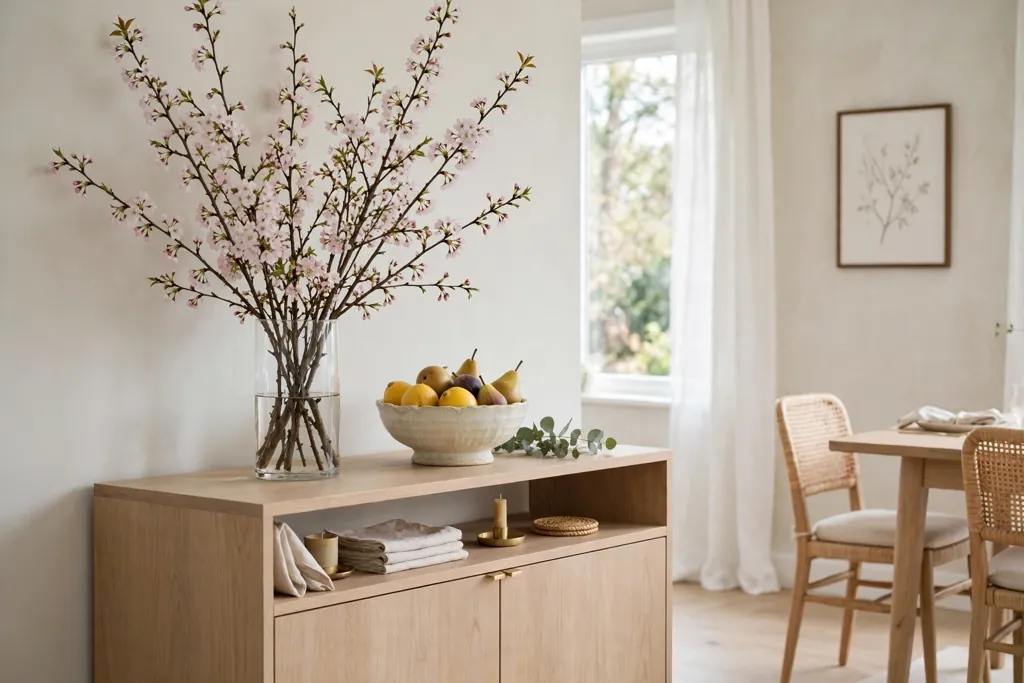 Sideboard with a tall vase of blossom branches and a ceramic fruit bowl.