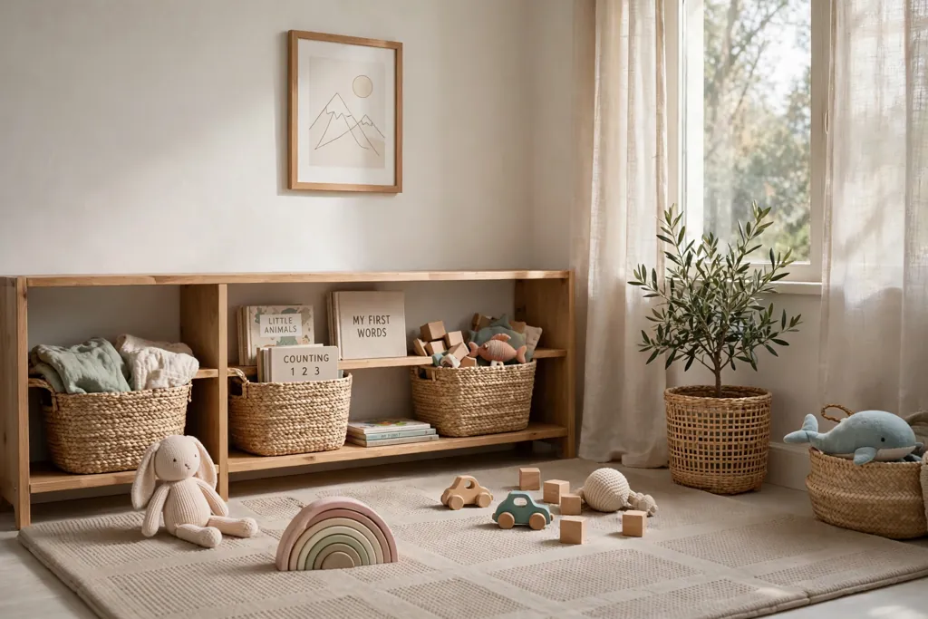 Low play corner with a soft mat, low shelves, and woven baskets.