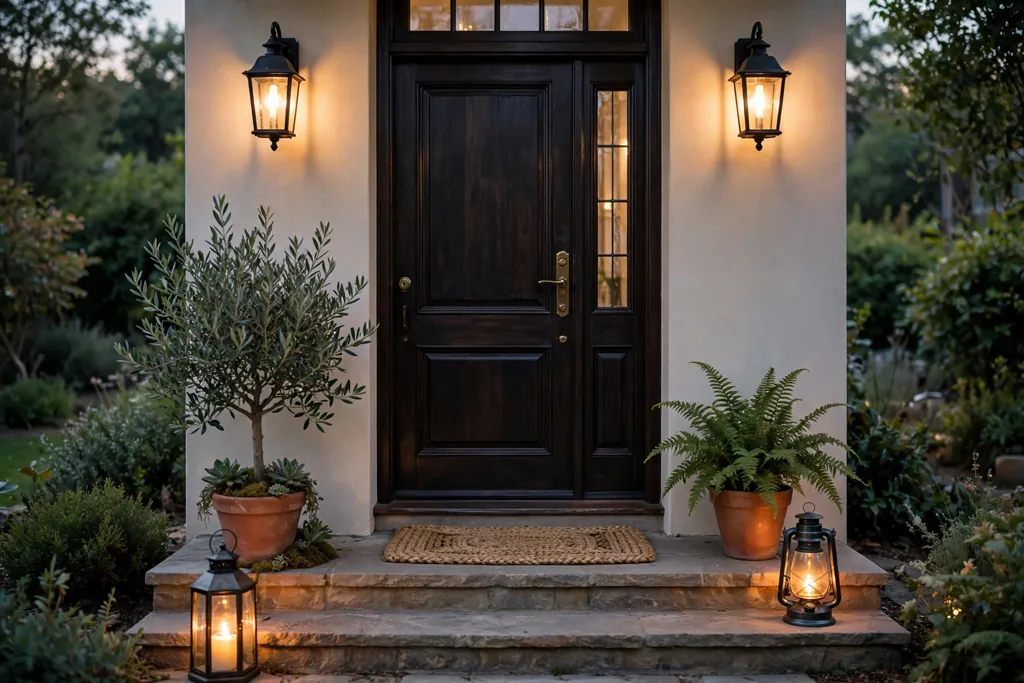 Front door entry with lanterns, a woven doormat, and potted plants.