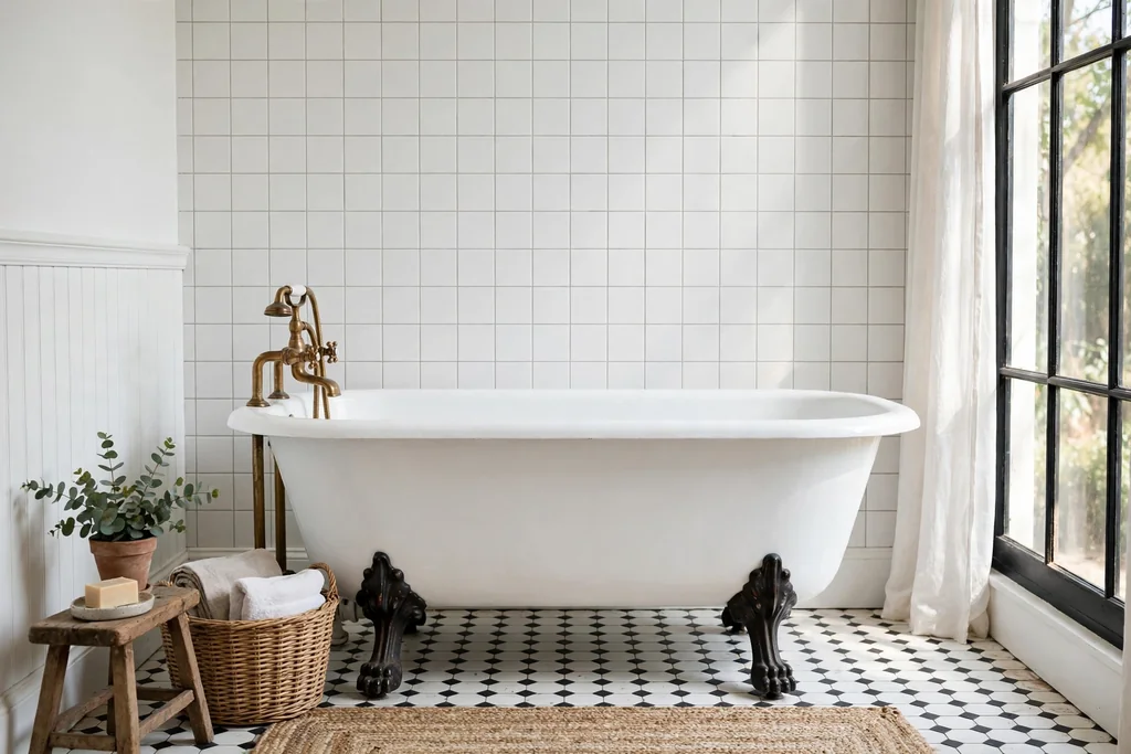 White clawfoot tub with dark feet as the centerpiece of a bright vintage bathroom