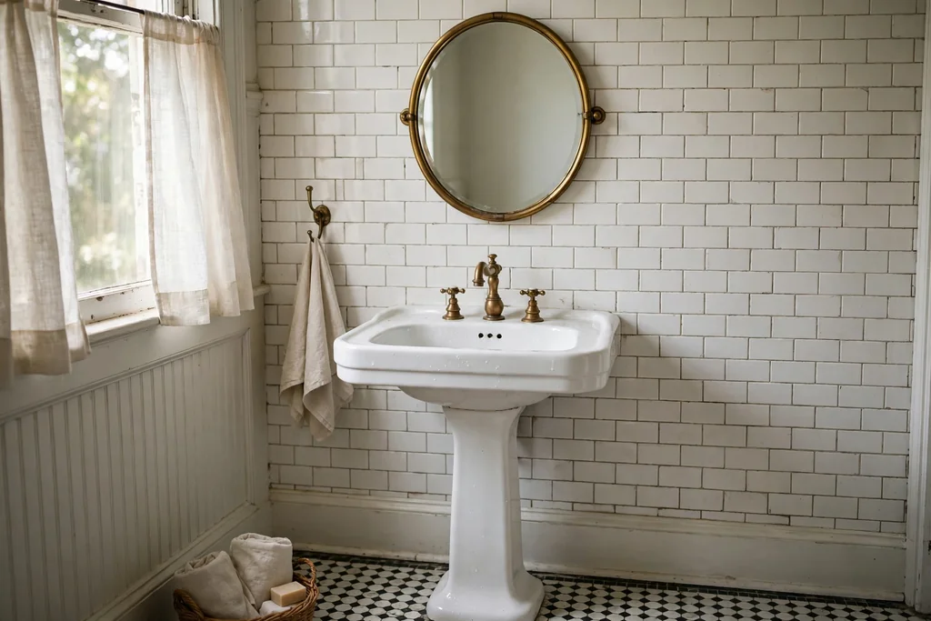 White porcelain pedestal sink with a brass faucet under a round bathroom mirror