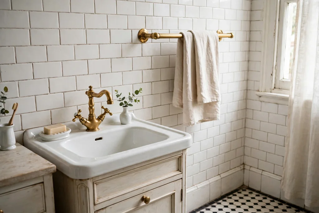 Brass faucet and towel rail in a white tiled vintage bathroom