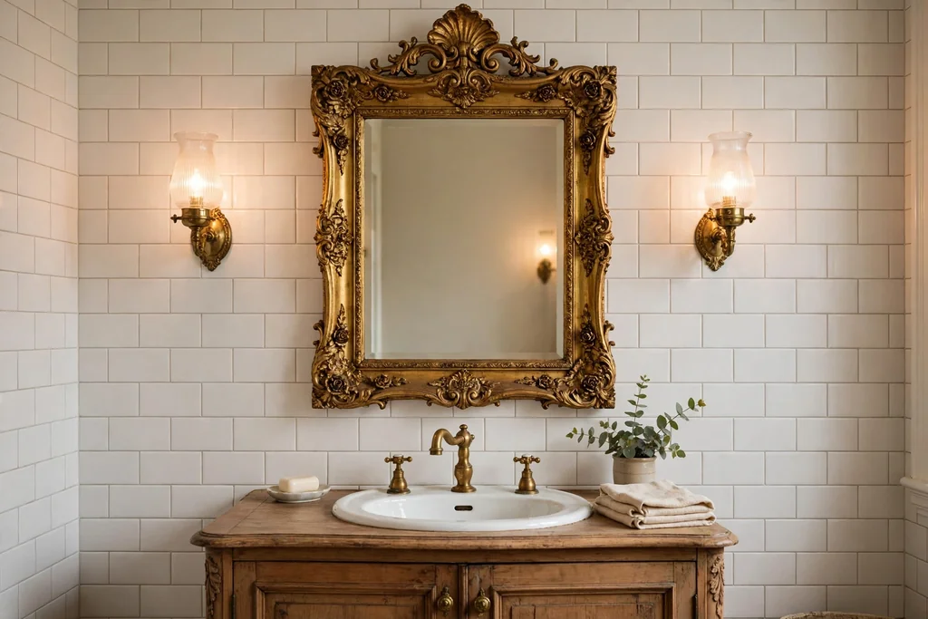 Ornate gilt framed mirror hanging over a vintage bathroom vanity