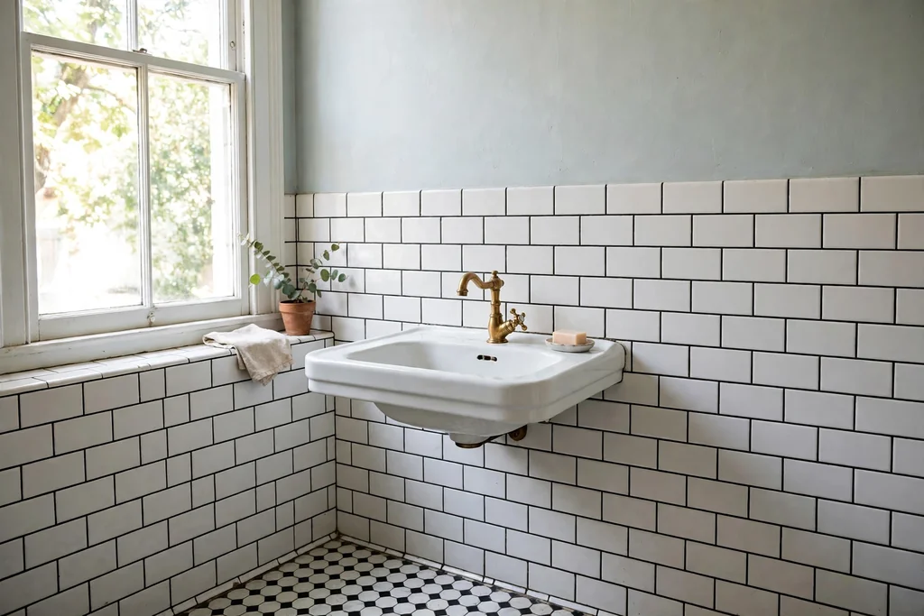 White subway tile wall with dark grout in a vintage bathroom