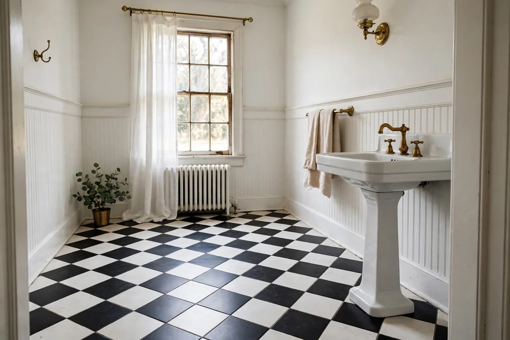 Black and white checkerboard tile floor in a vintage bathroom