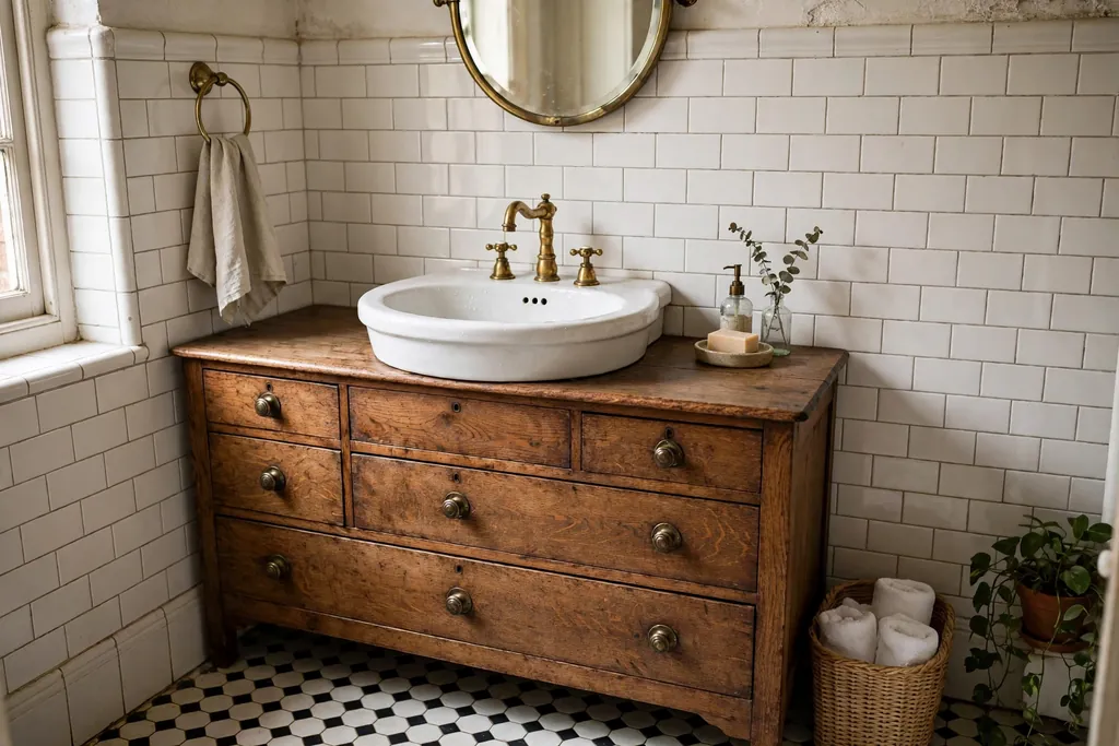 Repurposed wood dresser used as a vanity with a basin in a vintage bathroom