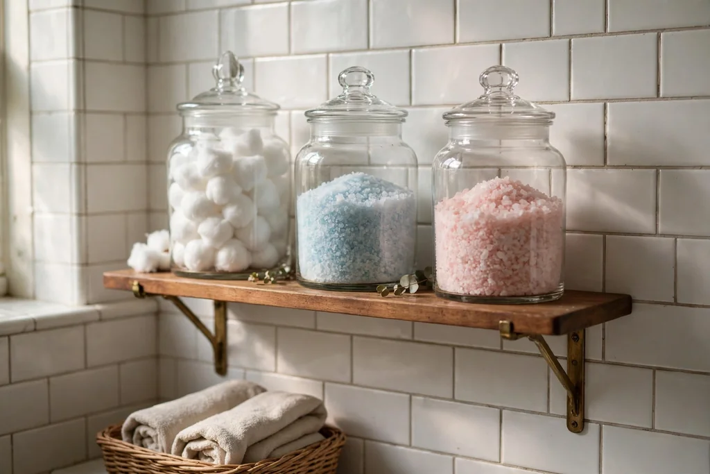 Glass apothecary jars on a bathroom shelf holding cotton balls and bath salts