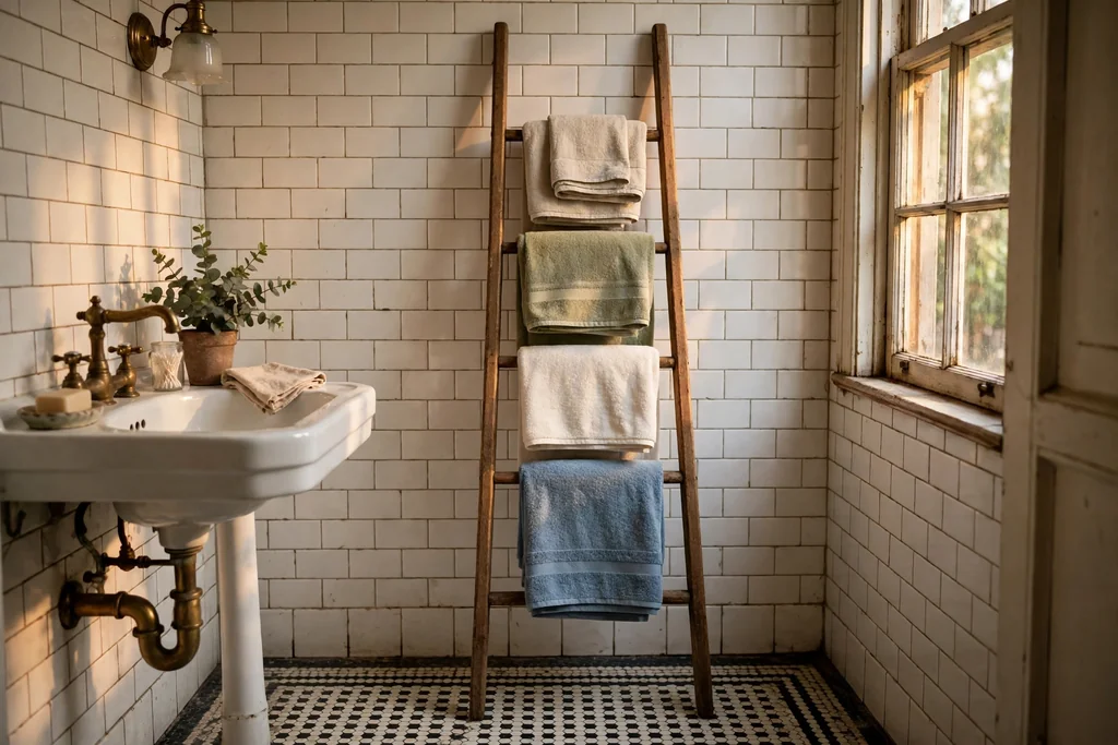 Wooden ladder towel rack leaning against a wall holding folded towels