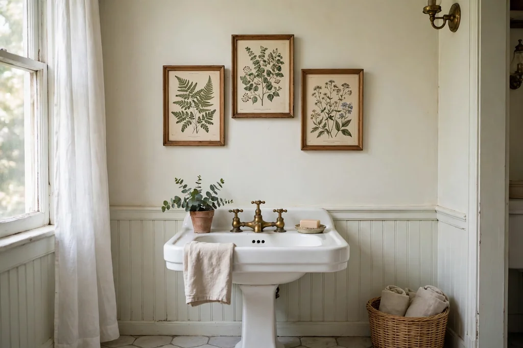 Framed vintage botanical prints in wood frames on a bathroom wall